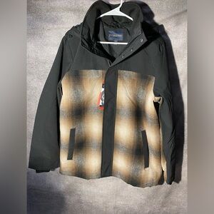 Pendleton Men’s Medium Hooded Softshell Jacket Wool Blend Plaid Black Brown NWT
